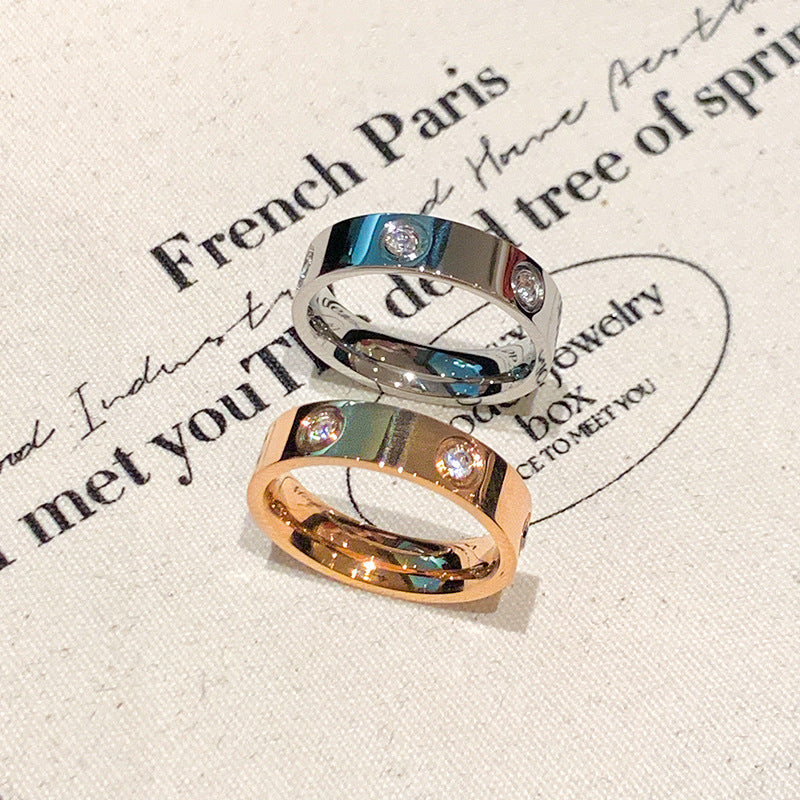 Six-Diamond Zircon Titanium Steel Ring for Women Stainless Steel Plain Ring for Women Accessible Luxury High-End Couple Ring Index Finger Ring