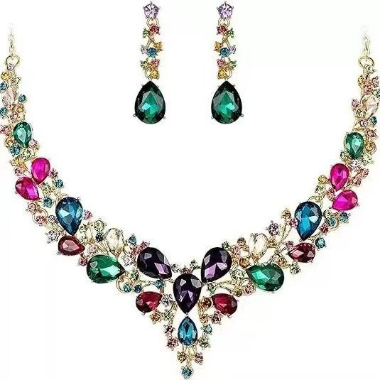 Amazon Cross-Border New European and American Light Luxury Necklace Earrings Wedding Jewelry Set Banquet Rhinestone Women's Jewelry
