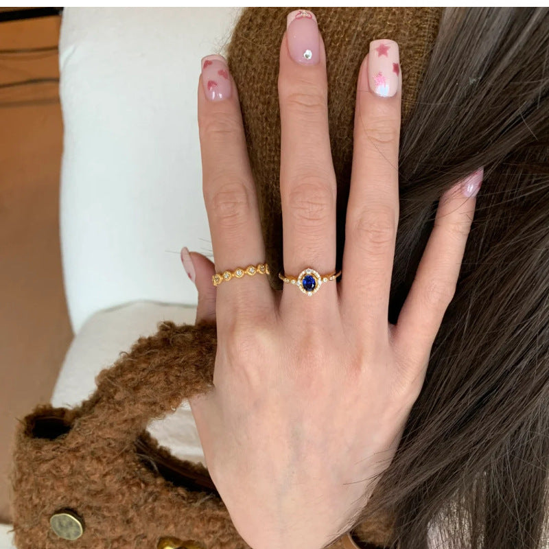 Niche Exquisite Royal Blue Zircon Ring Women's Fashion Distinctive Light Luxury All-match High-end Sense Stacked Open Finger Ring