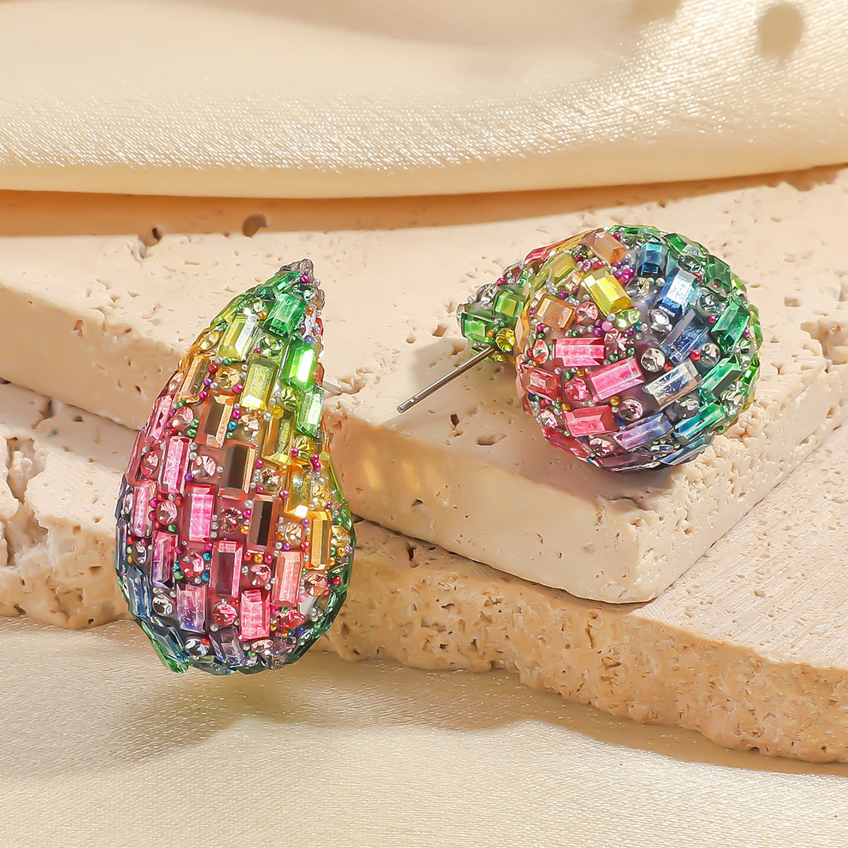 European and American Cross-border New Water Drop Round Stained Glass Full Diamond Light Luxury Earrings Fashion Earrings High-end Earrings for Women