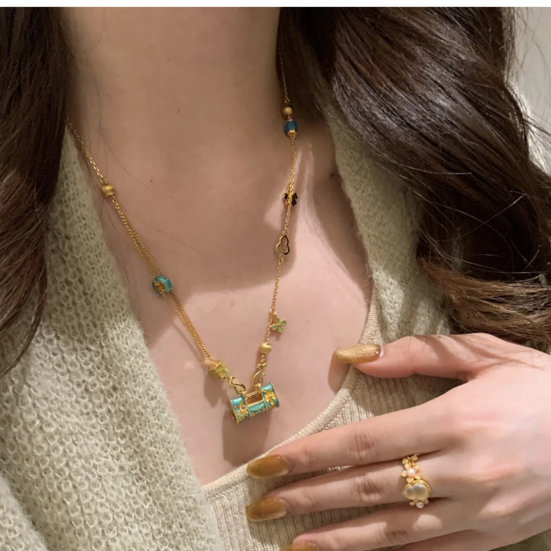 New Boutique Light Luxury High-grade Brushed Inlaid Zircon Enamel Longlife Lock Necklace Female Niche All-match Clavicle Chain