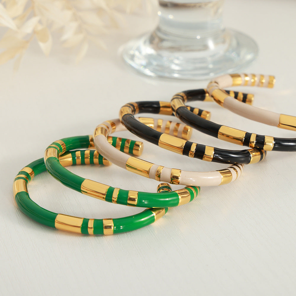 French Retro Bracelet Niche Design Personalized Wind Weight Glaze Bracelet Open Contrast Color Bamboo Gold-plated Bracelet for Women