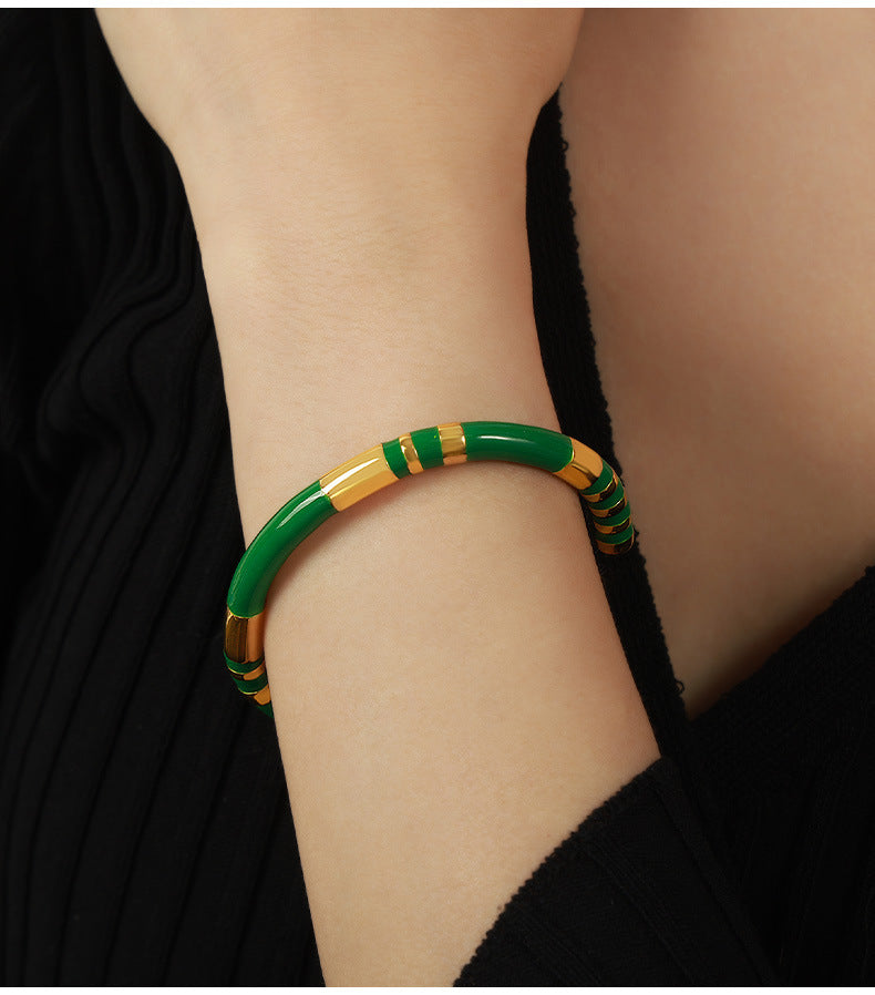 French Retro Bracelet Niche Design Personalized Wind Weight Glaze Bracelet Open Contrast Color Bamboo Gold-plated Bracelet for Women
