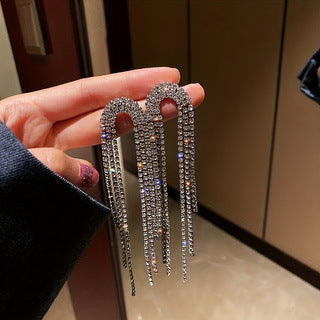 Silver Needle Diamond Geometric Tassel Earrings European and American Exaggerated Heavy Industry Design Earrings Fashion Niche Light Luxury Elegant Earrings