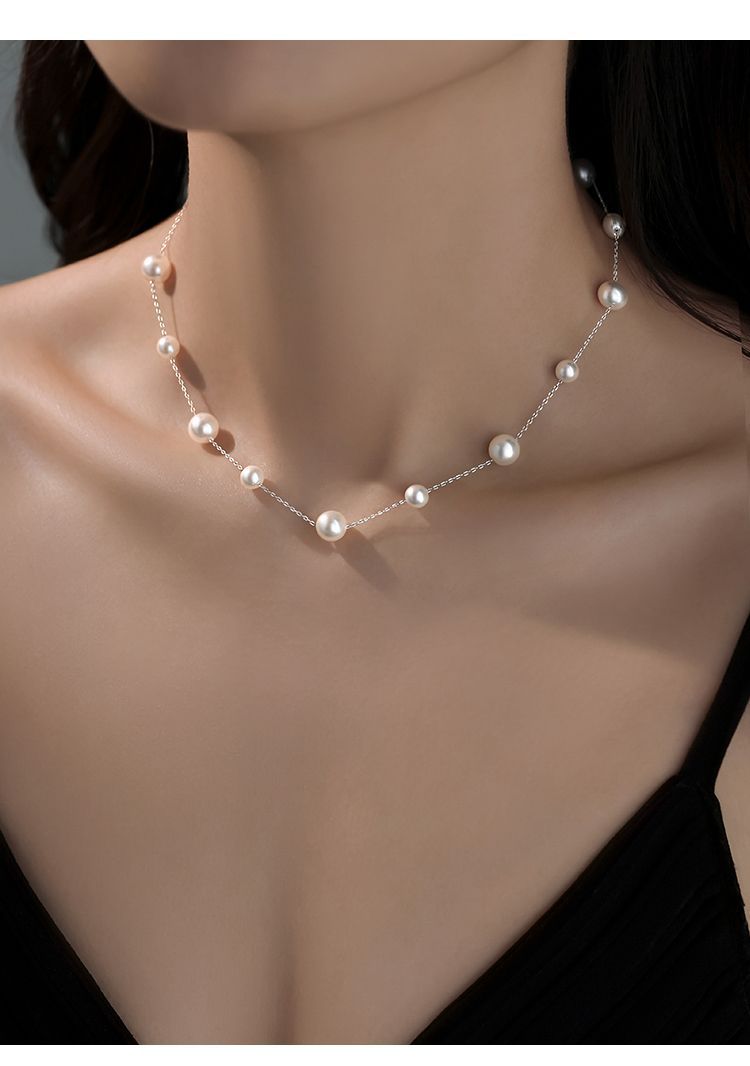 Gypsophila Pearl Necklace Women's 925 Silver Titanium Steel Perfect Round Light Luxury Niche High-End Clavicle Chain Sweater Chain