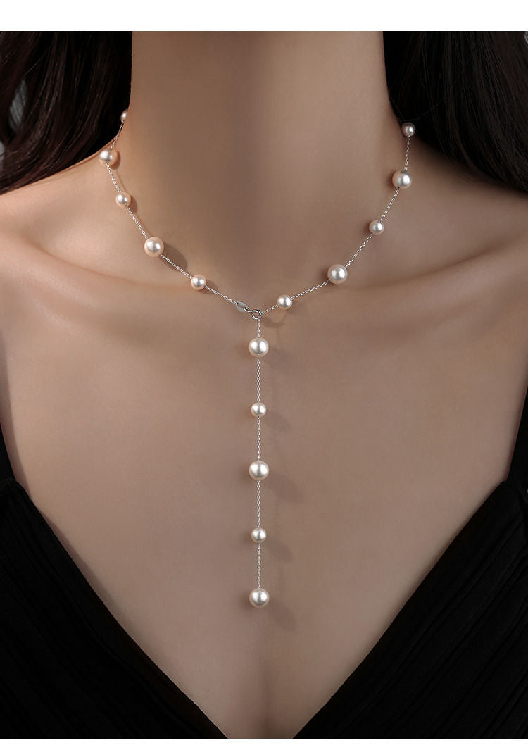 Gypsophila Pearl Necklace Women's 925 Silver Titanium Steel Perfect Round Light Luxury Niche High-End Clavicle Chain Sweater Chain