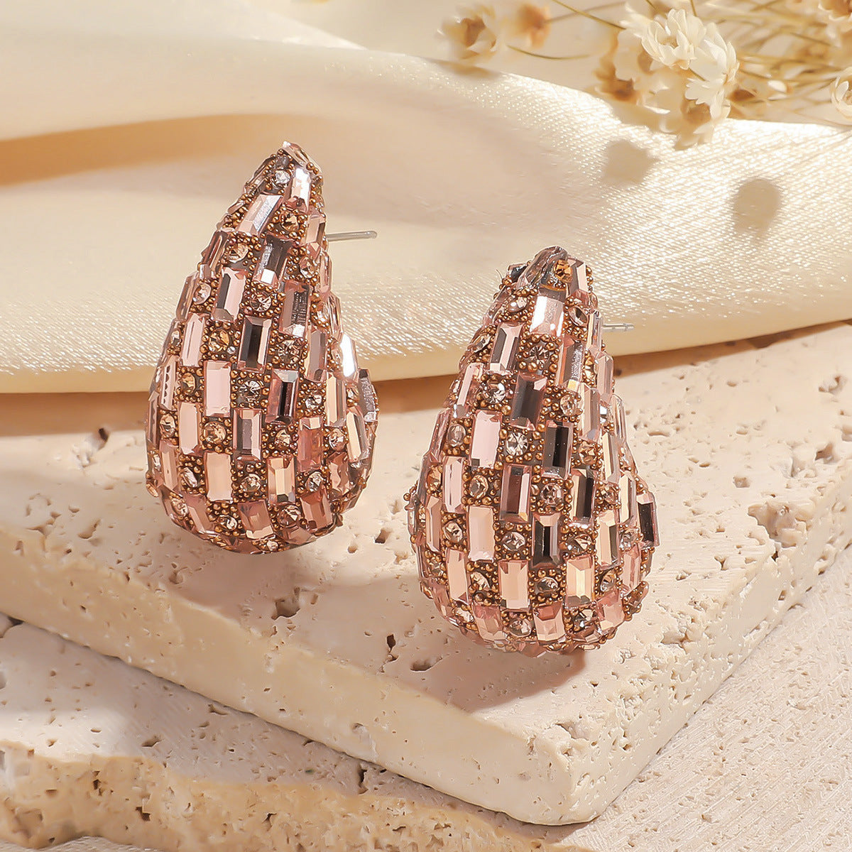 European and American Cross-border New Water Drop Round Stained Glass Full Diamond Light Luxury Earrings Fashion Earrings High-end Earrings for Women