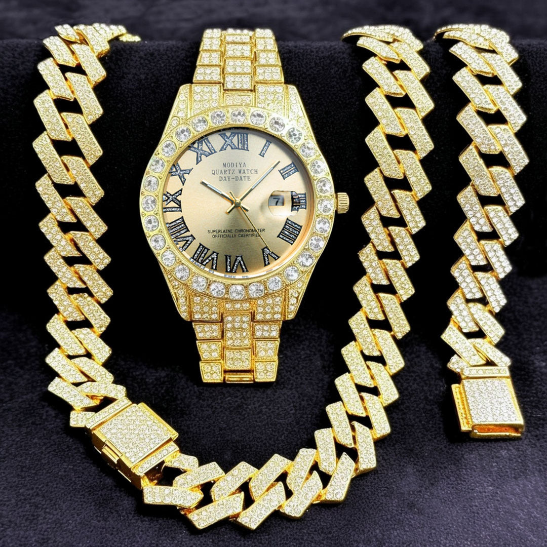 Women's 16-Piece Crystal Watch & Jewelry Set of Various Diamond-Encrusted Watches, Diamond-Shaped Cuban Bracelets and Necklaces