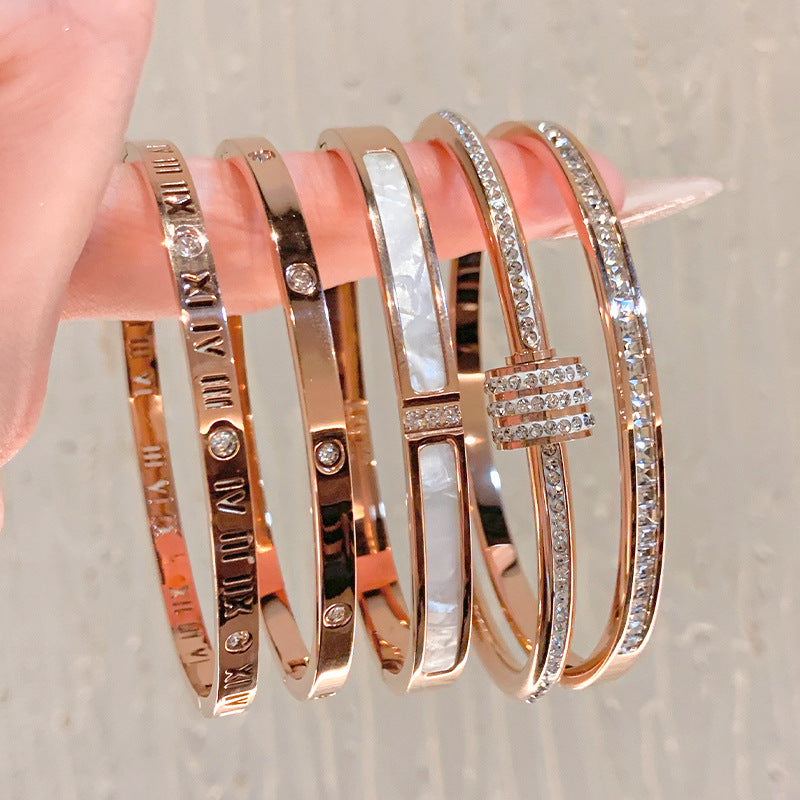 Rose Gold Titanium Steel Bracelet Women's High-end Bracelet Light Luxury Niche Zircon Bracelet Plain Ring Bracelet Hand Jewelry