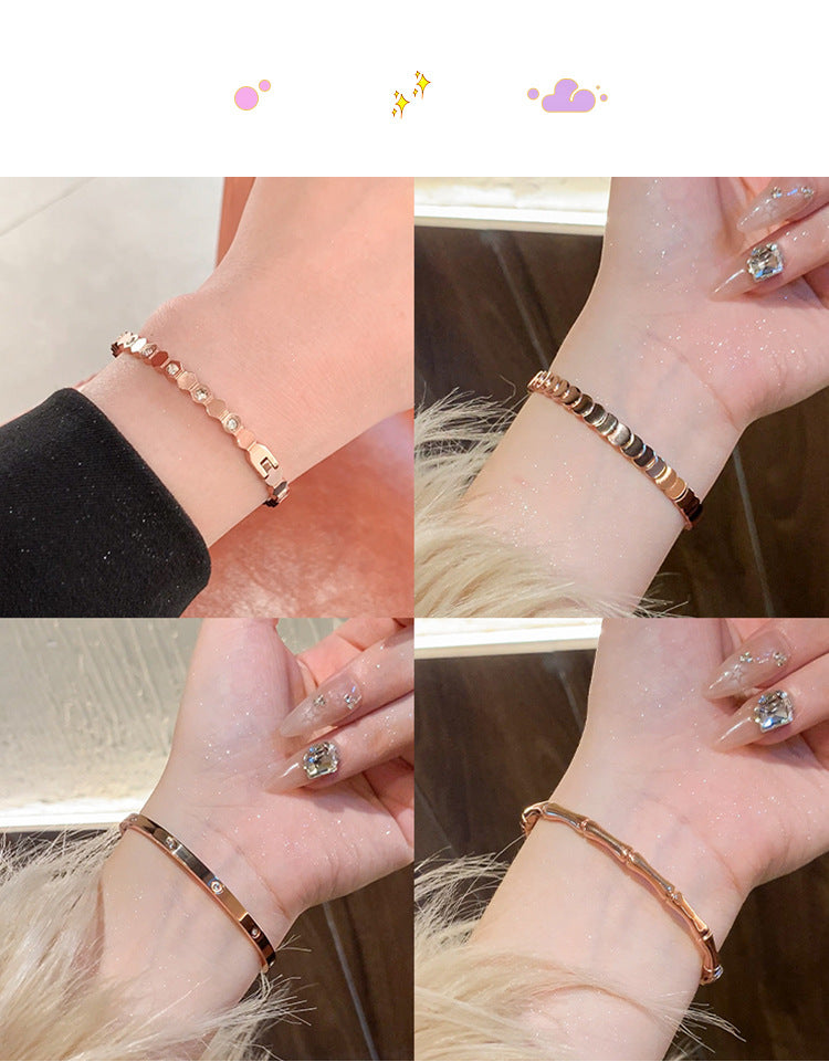 Rose Gold Titanium Steel Bracelet Women's High-end Bracelet Light Luxury Niche Zircon Bracelet Plain Ring Bracelet Hand Jewelry