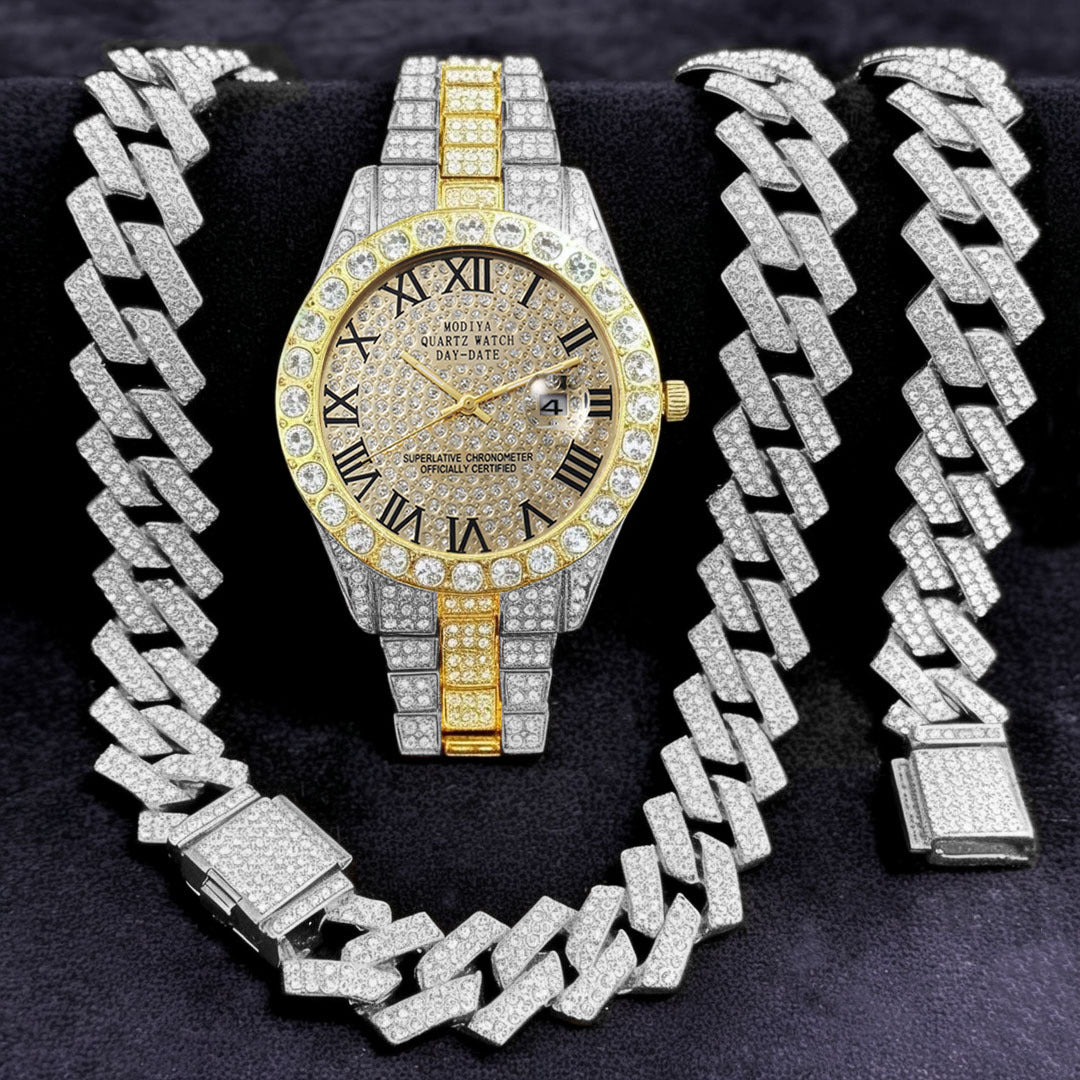 Women's 16-Piece Crystal Watch & Jewelry Set of Various Diamond-Encrusted Watches, Diamond-Shaped Cuban Bracelets and Necklaces