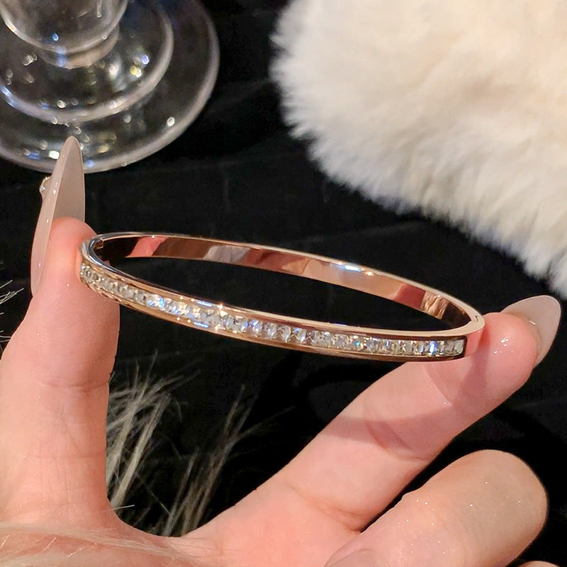 Rose Gold Titanium Steel Bracelet Women's High-end Bracelet Light Luxury Niche Zircon Bracelet Plain Ring Bracelet Hand Jewelry