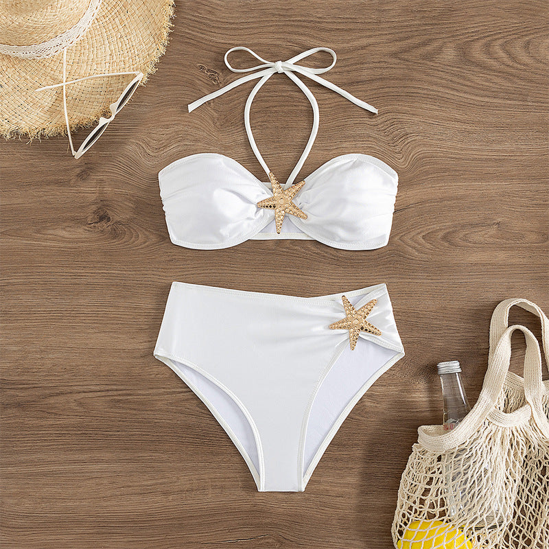 2025 New European and American Women's Swimwear Solid Color Starfish Sexy Bikini Lace-up Tube Top High Waist Foreign Trade Swimwear