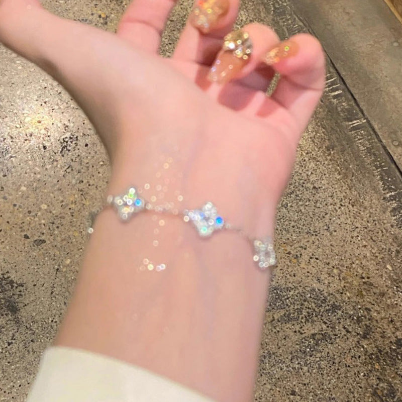 South Korea Ins Zircon Flower Leaf Bracelet Fashion Niche Design Sense Bracelet Light Luxury Shining Silver Bracelet suit