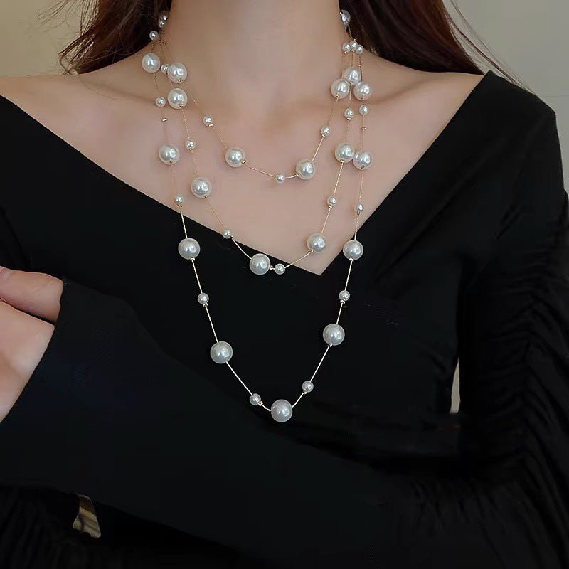 Shijiazu stacked with long pearl necklace women's light luxury temperament sweater chain Joker high sense autumn and winter necklace