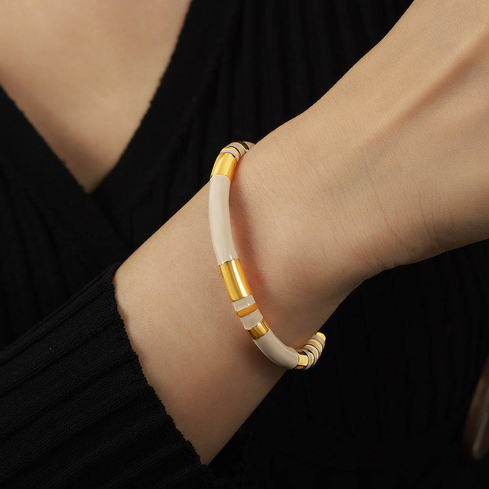 French Retro Bracelet Niche Design Personalized Wind Weight Glaze Bracelet Open Contrast Color Bamboo Gold-plated Bracelet for Women