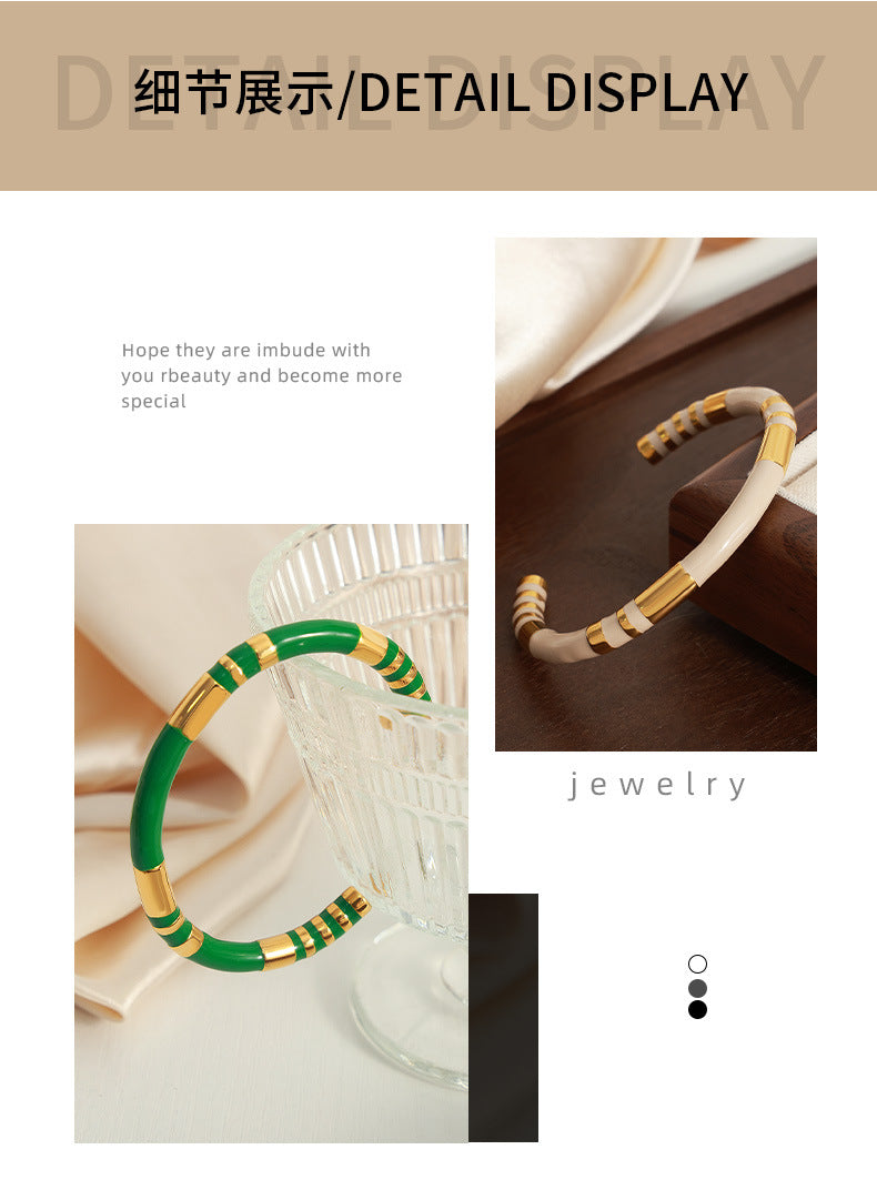 French Retro Bracelet Niche Design Personalized Wind Weight Glaze Bracelet Open Contrast Color Bamboo Gold-plated Bracelet for Women