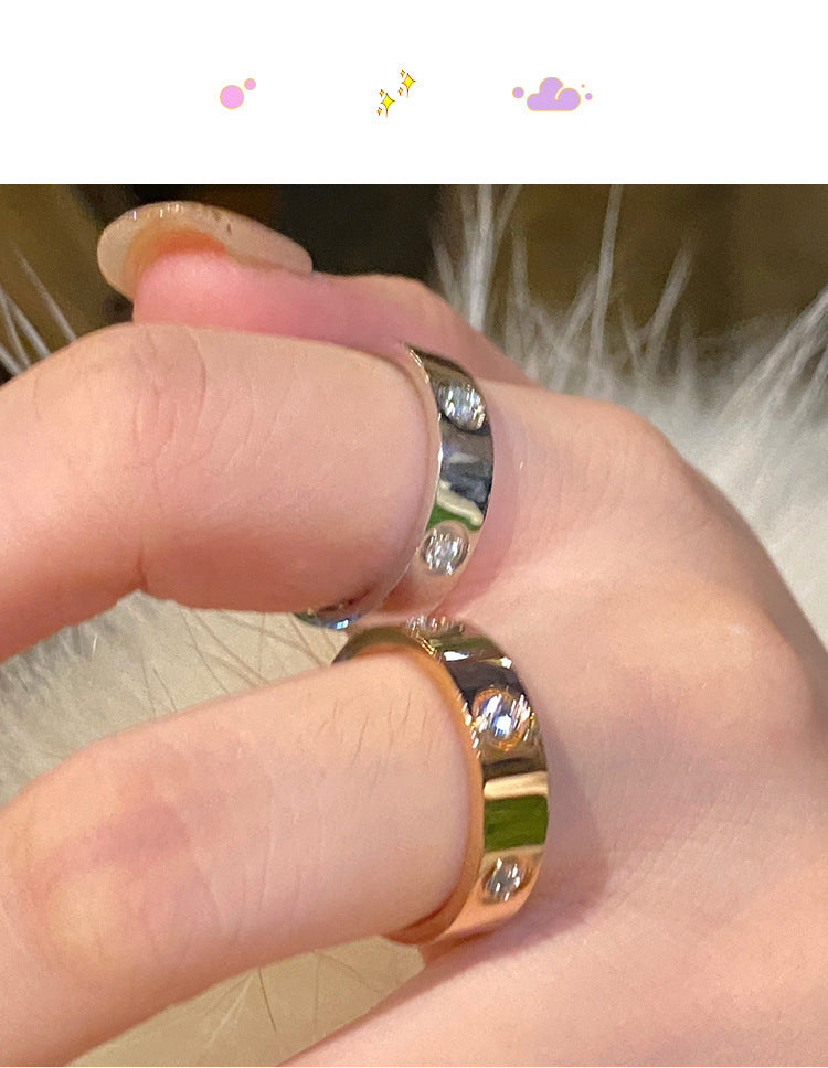 Six-Diamond Zircon Titanium Steel Ring for Women Stainless Steel Plain Ring for Women Accessible Luxury High-End Couple Ring Index Finger Ring