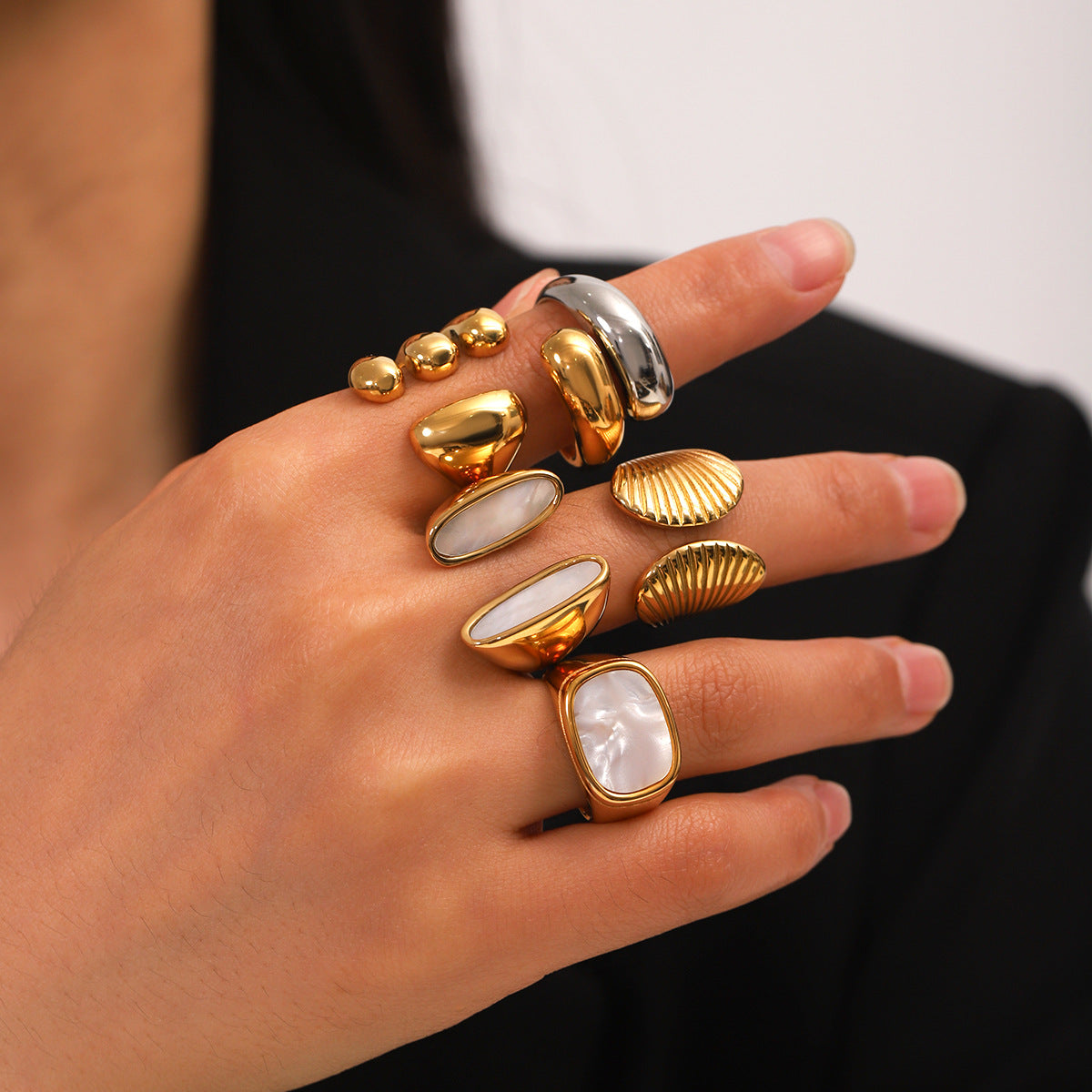 European and American stainless steel shell opening ring inlaid white shell ring women's non-fading ring high-level color matching jewelry