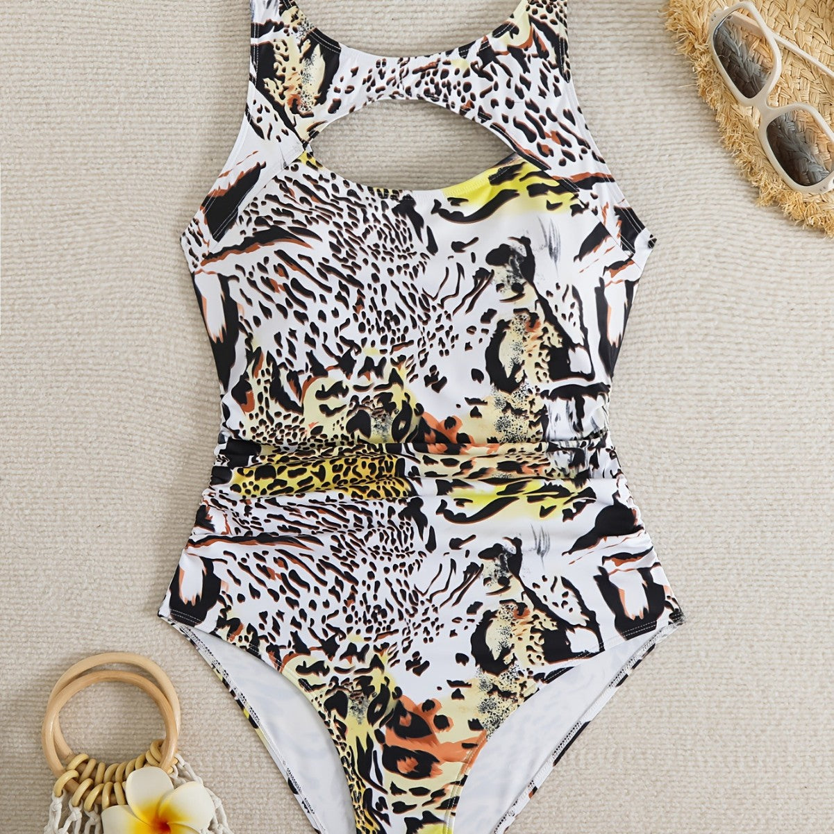Cross-Border European and American New Style Sexy Backless Leopard Print Swimsuit for Women One-Piece Cut-Out Triangle Briefs One-Piece Swimwear