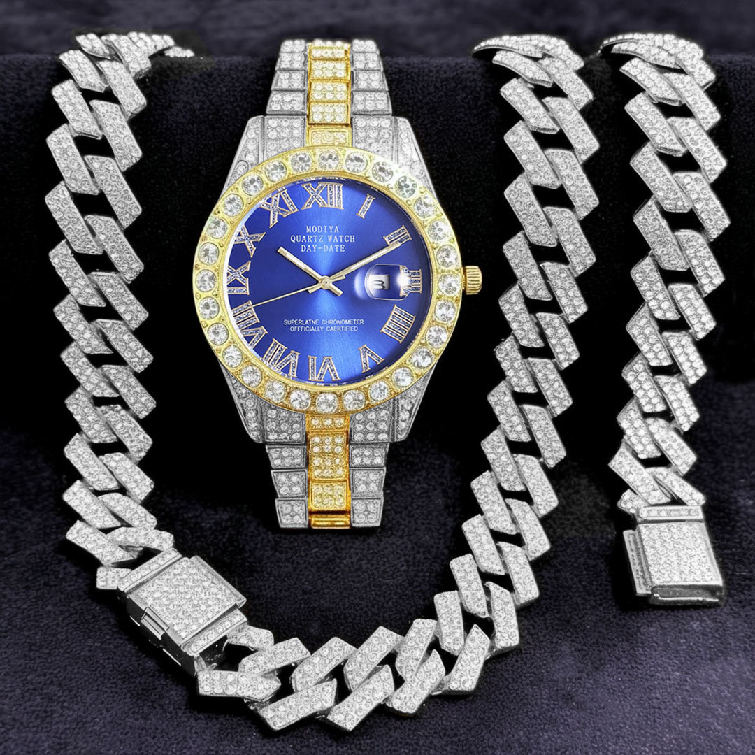 Women's 16-Piece Crystal Watch & Jewelry Set of Various Diamond-Encrusted Watches, Diamond-Shaped Cuban Bracelets and Necklaces