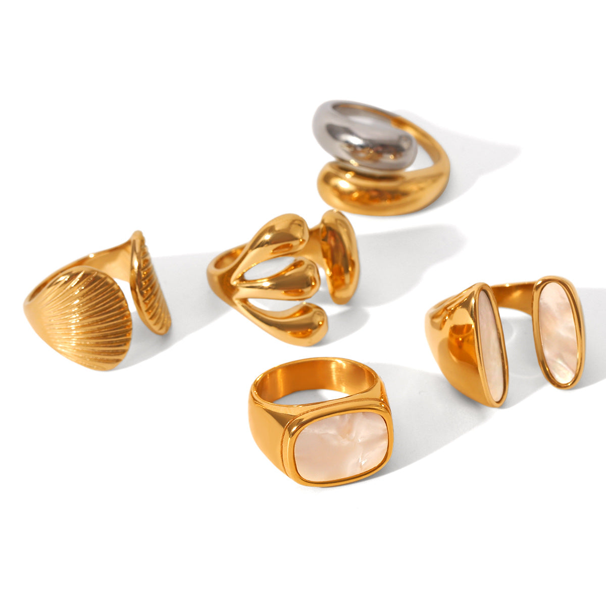 European and American stainless steel shell opening ring inlaid white shell ring women's non-fading ring high-level color matching jewelry