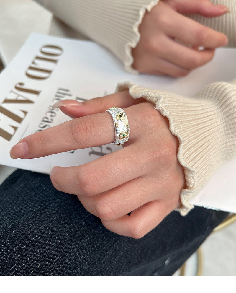 Cloth Style Retro Green Sparkling Diamond Starburst Ring Women's Ring Niche Design 2024 New Trendy Korean Accessible Luxury