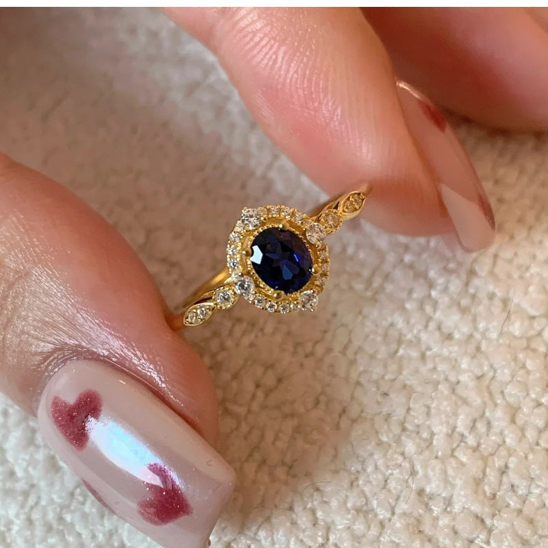 Niche Exquisite Royal Blue Zircon Ring Women's Fashion Distinctive Light Luxury All-match High-end Sense Stacked Open Finger Ring