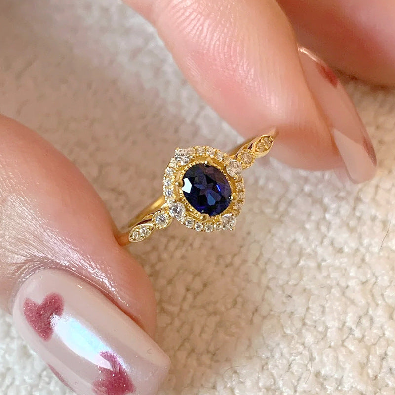 Niche Exquisite Royal Blue Zircon Ring Women's Fashion Distinctive Light Luxury All-match High-end Sense Stacked Open Finger Ring