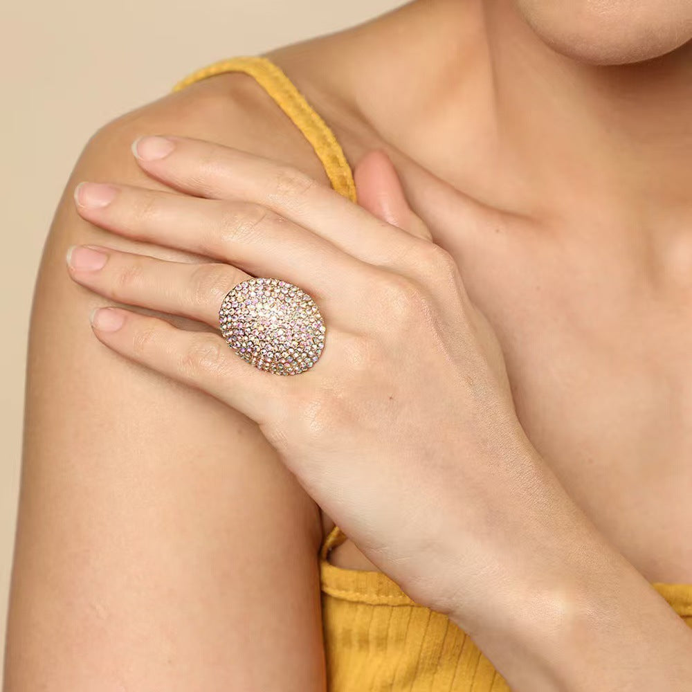 Cross-border explosions AB color geometric round ring high-end feeling full of diamond fashion living ring niche all-match accessories women