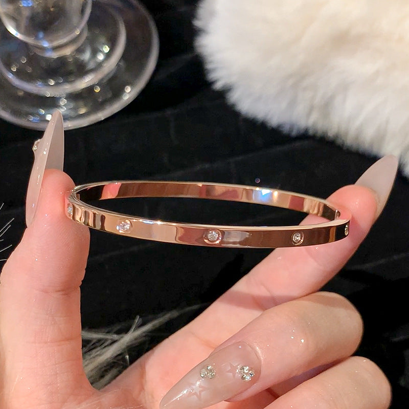 Rose Gold Titanium Steel Bracelet Women's High-end Bracelet Light Luxury Niche Zircon Bracelet Plain Ring Bracelet Hand Jewelry