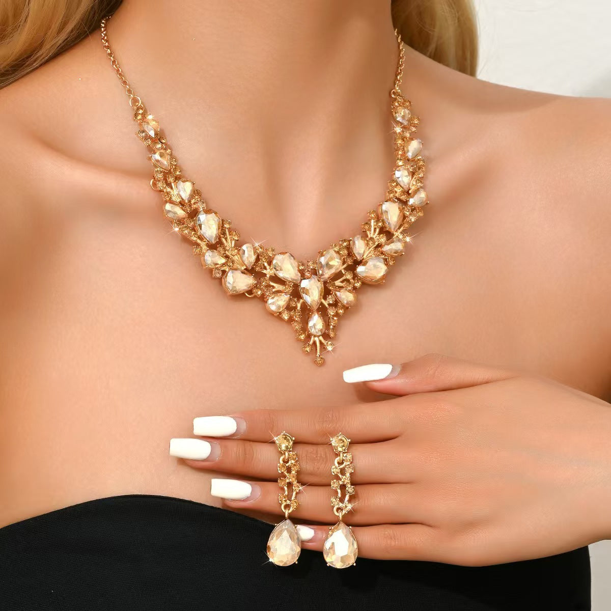 Amazon Cross-Border New European and American Light Luxury Necklace Earrings Wedding Jewelry Set Banquet Rhinestone Women's Jewelry