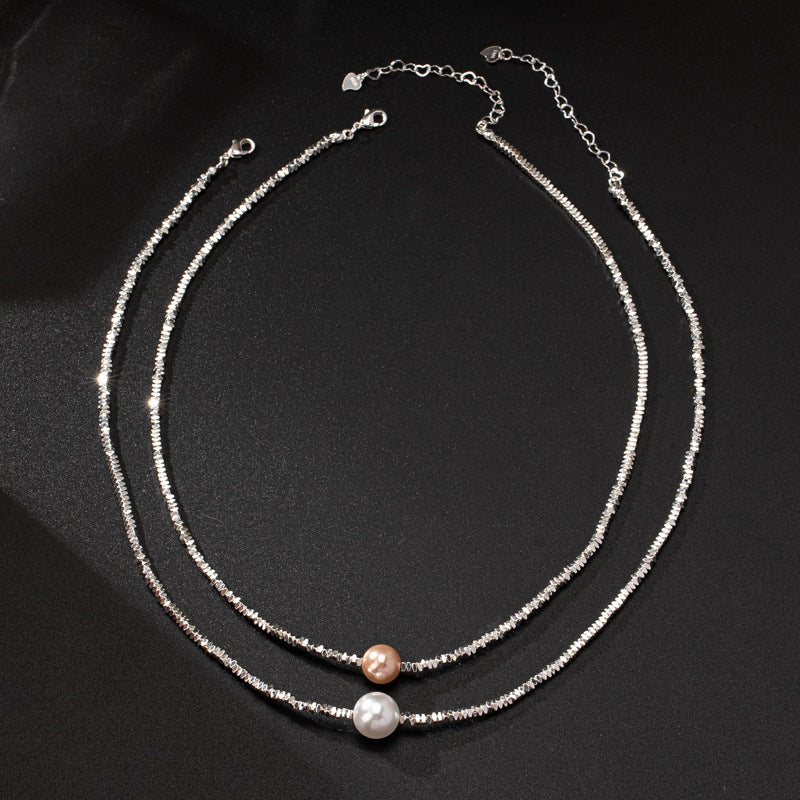 Light Luxury Women's Broken Silver Several Two Shijia Crystal Pearl Passepartout Clavicle Chain Niche Design Ins Trendy New All-Match