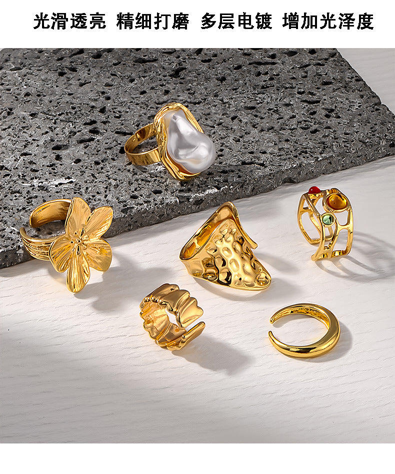 European and American Baroque-Style Faux Pearl Ring Set for Women, Niche Exaggerated Open Rings, Vintage Floral Rings