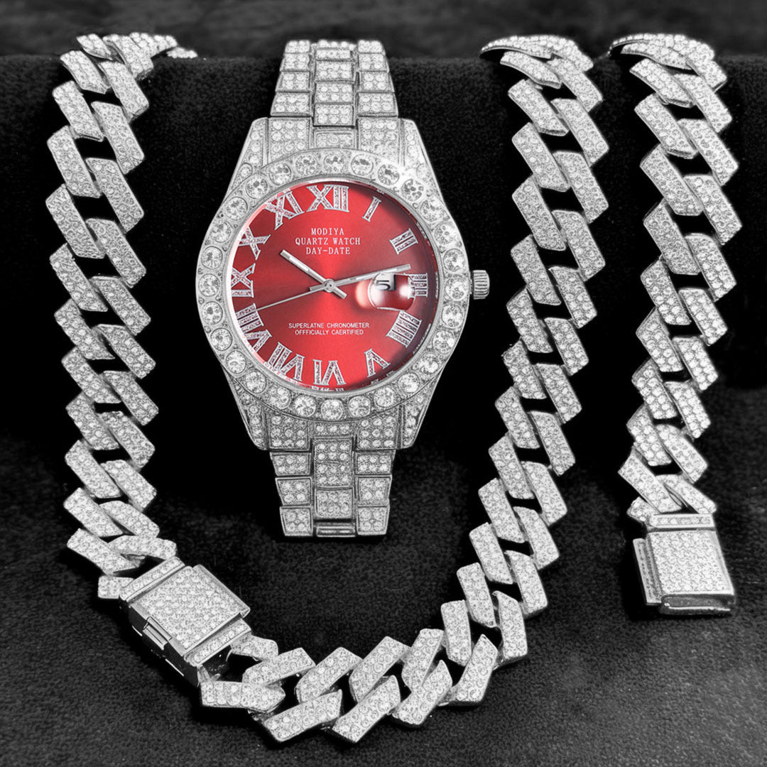 Women's 16-Piece Crystal Watch & Jewelry Set of Various Diamond-Encrusted Watches, Diamond-Shaped Cuban Bracelets and Necklaces