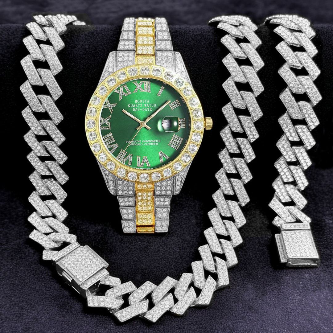Women's 16-Piece Crystal Watch & Jewelry Set of Various Diamond-Encrusted Watches, Diamond-Shaped Cuban Bracelets and Necklaces