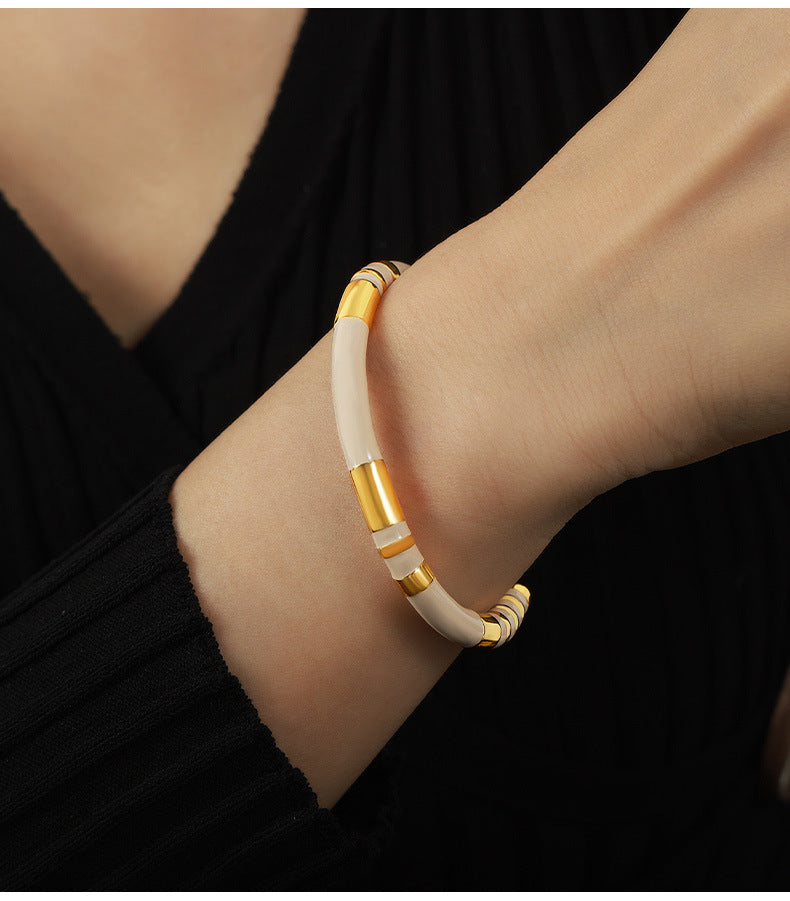 French Retro Bracelet Niche Design Personalized Wind Weight Glaze Bracelet Open Contrast Color Bamboo Gold-plated Bracelet for Women