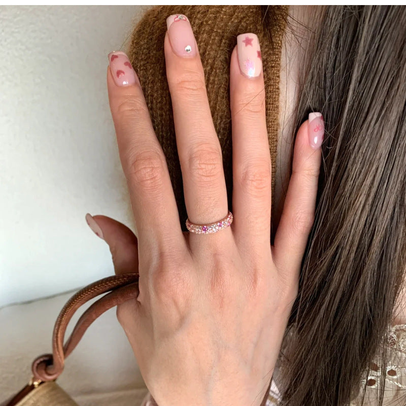 Gradient Pink Diamond Full Diamond Ring for Women, Accessible Luxury Style, French Style, Exquisite, Versatile, High-End, Open Index Finger Ring 2025 New Style