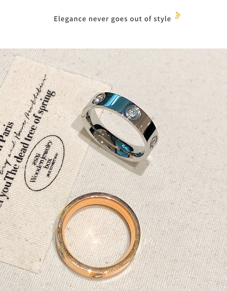 Six-Diamond Zircon Titanium Steel Ring for Women Stainless Steel Plain Ring for Women Accessible Luxury High-End Couple Ring Index Finger Ring