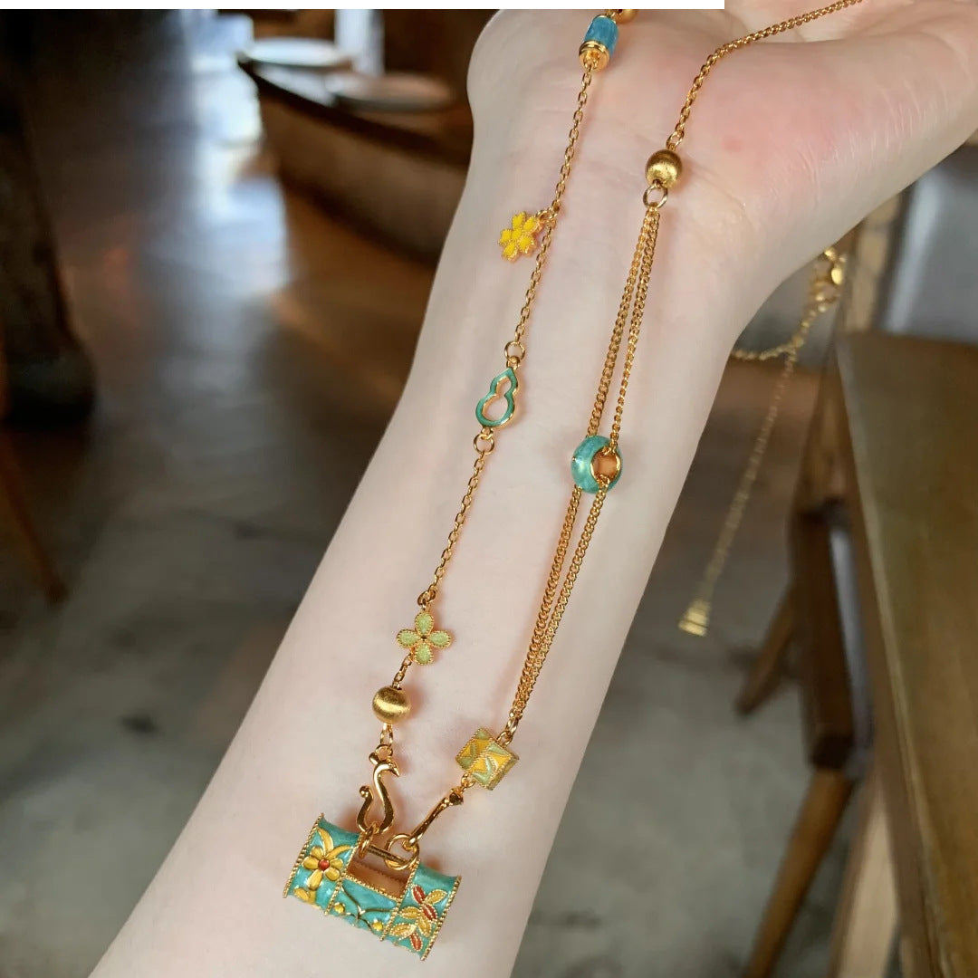 New Boutique Light Luxury High-grade Brushed Inlaid Zircon Enamel Longlife Lock Necklace Female Niche All-match Clavicle Chain