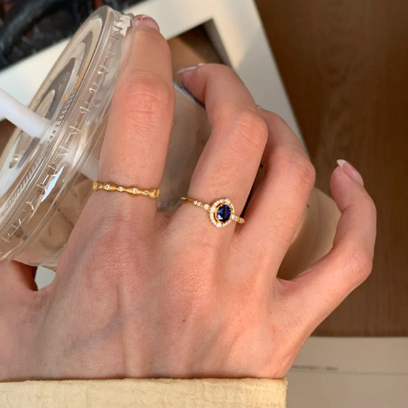 Niche Exquisite Royal Blue Zircon Ring Women's Fashion Distinctive Light Luxury All-match High-end Sense Stacked Open Finger Ring