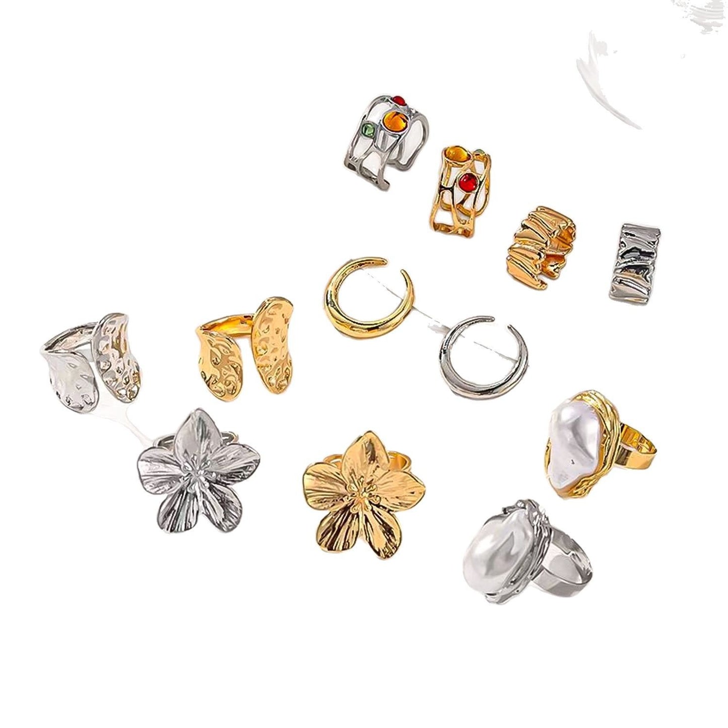 European and American Baroque-Style Faux Pearl Ring Set for Women, Niche Exaggerated Open Rings, Vintage Floral Rings