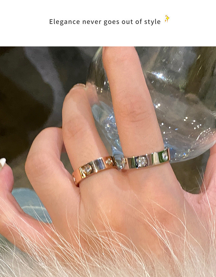 Six-Diamond Zircon Titanium Steel Ring for Women Stainless Steel Plain Ring for Women Accessible Luxury High-End Couple Ring Index Finger Ring