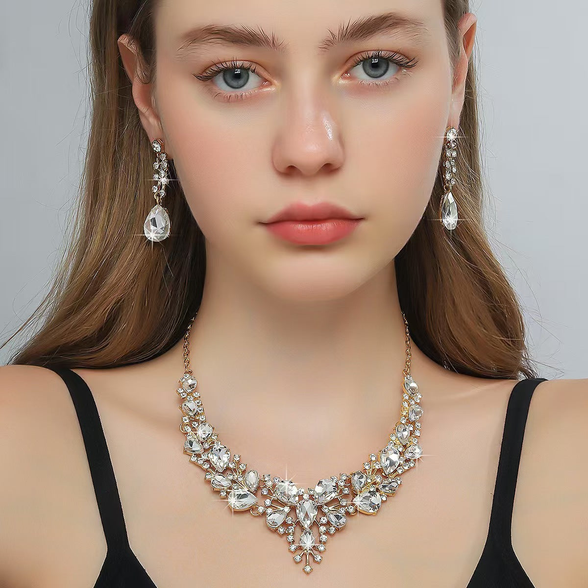 Amazon Cross-Border New European and American Light Luxury Necklace Earrings Wedding Jewelry Set Banquet Rhinestone Women's Jewelry
