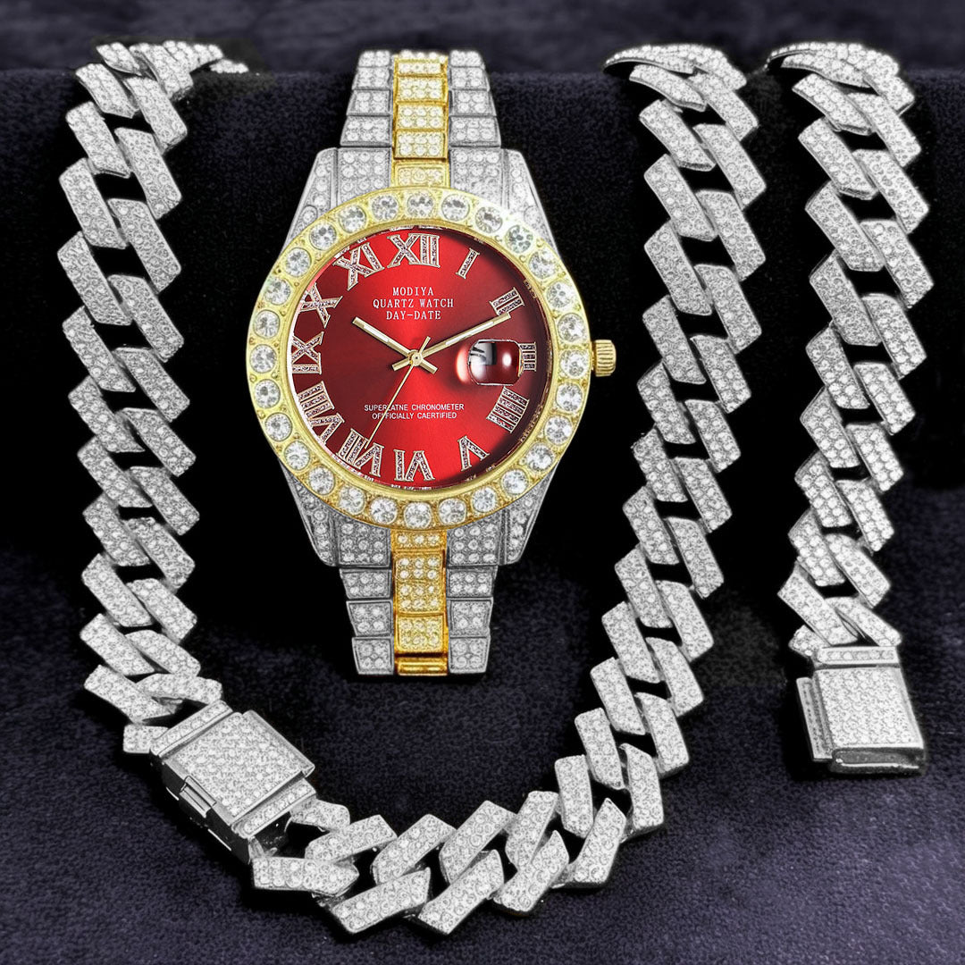 Women's 16-Piece Crystal Watch & Jewelry Set of Various Diamond-Encrusted Watches, Diamond-Shaped Cuban Bracelets and Necklaces