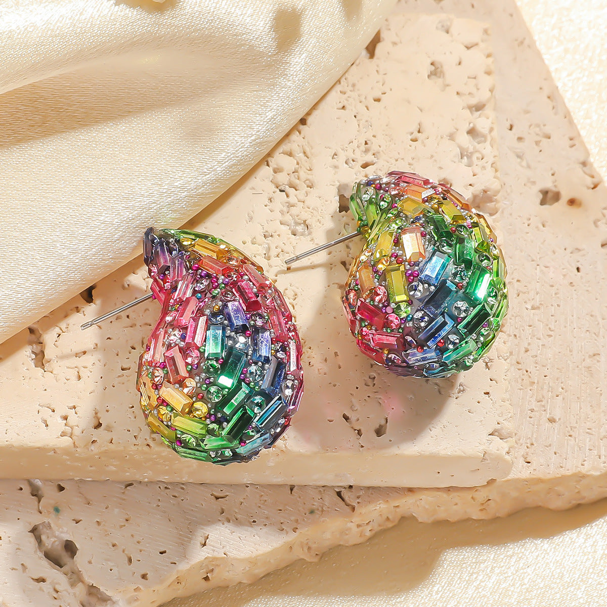 European and American Cross-border New Water Drop Round Stained Glass Full Diamond Light Luxury Earrings Fashion Earrings High-end Earrings for Women