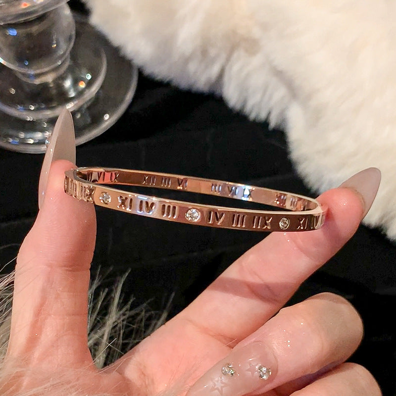 Rose Gold Titanium Steel Bracelet Women's High-end Bracelet Light Luxury Niche Zircon Bracelet Plain Ring Bracelet Hand Jewelry