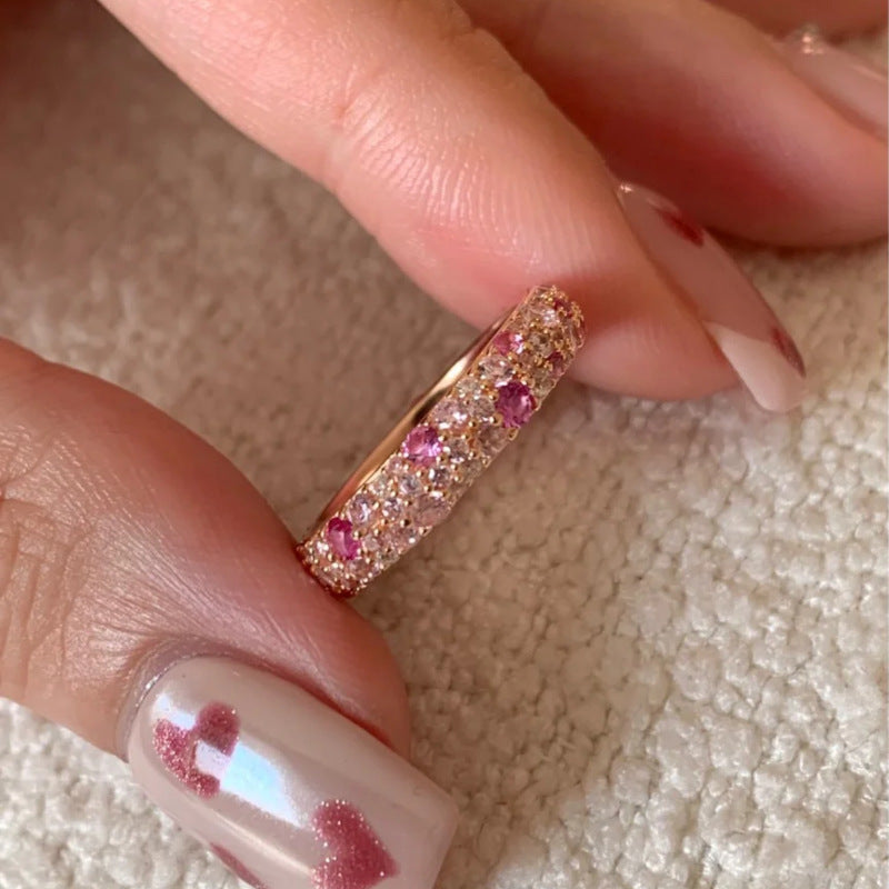 Gradient Pink Diamond Full Diamond Ring for Women, Accessible Luxury Style, French Style, Exquisite, Versatile, High-End, Open Index Finger Ring 2025 New Style
