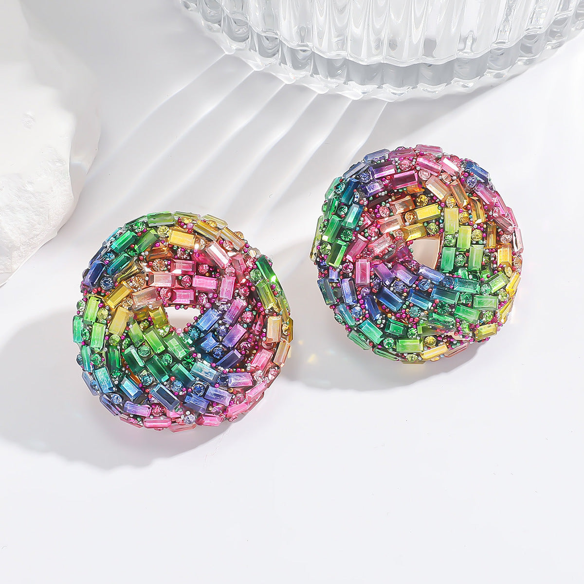 European and American Cross-border New Water Drop Round Stained Glass Full Diamond Light Luxury Earrings Fashion Earrings High-end Earrings for Women