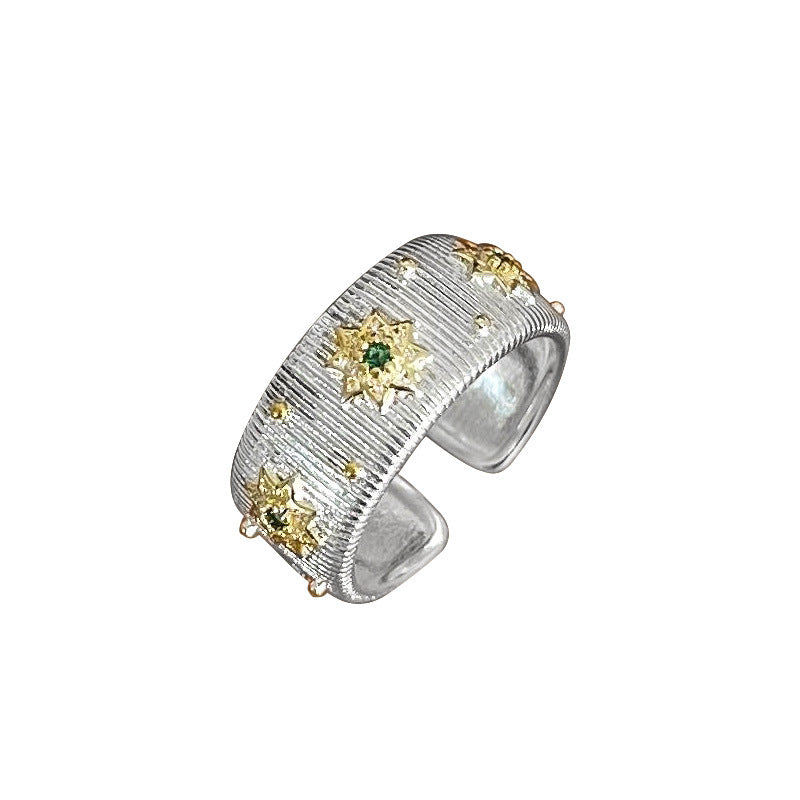 Cloth Style Retro Green Sparkling Diamond Starburst Ring Women's Ring Niche Design 2024 New Trendy Korean Accessible Luxury